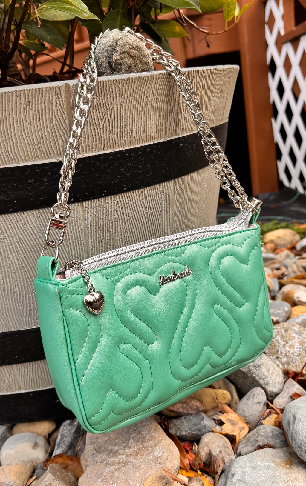 Light green w quilted heart pouch