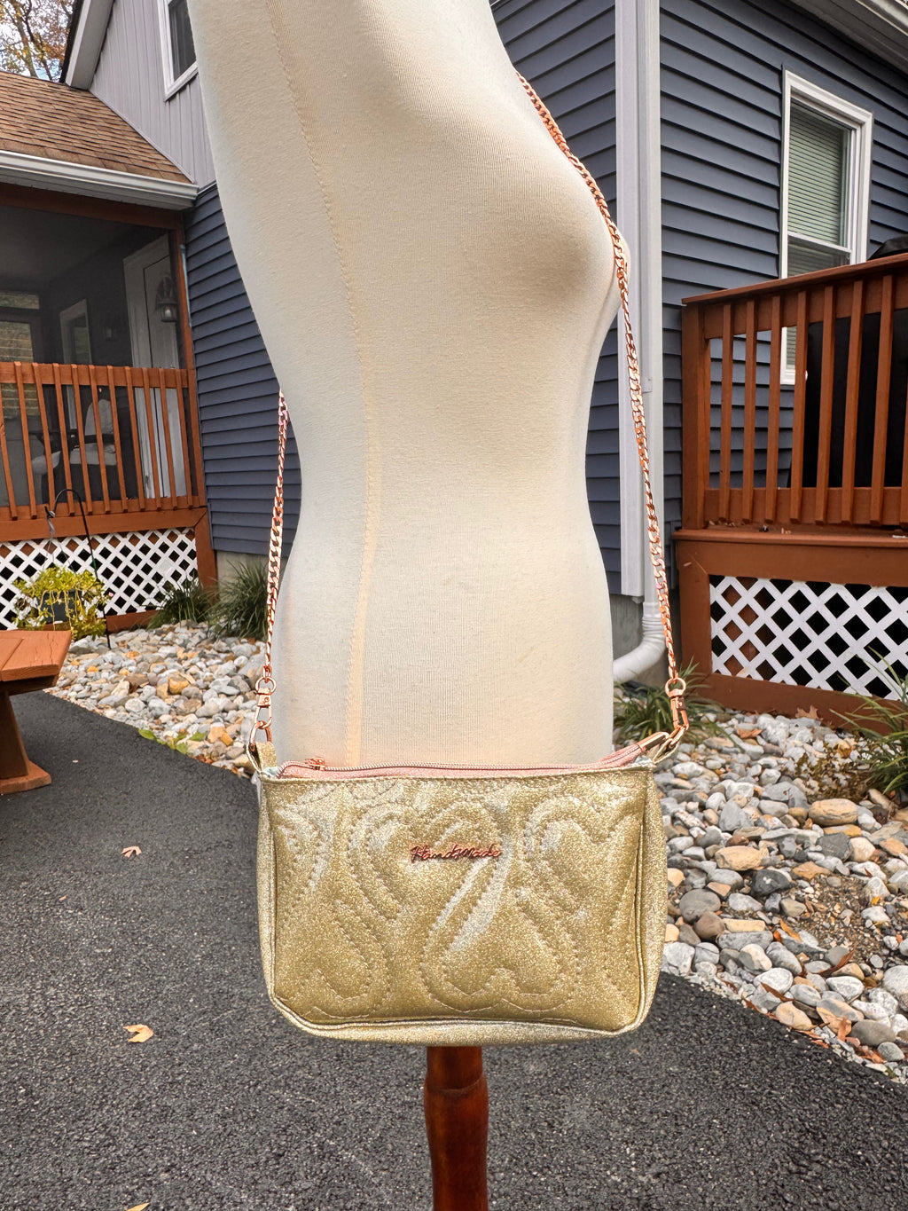 Glitter gold with quilted heart pouch